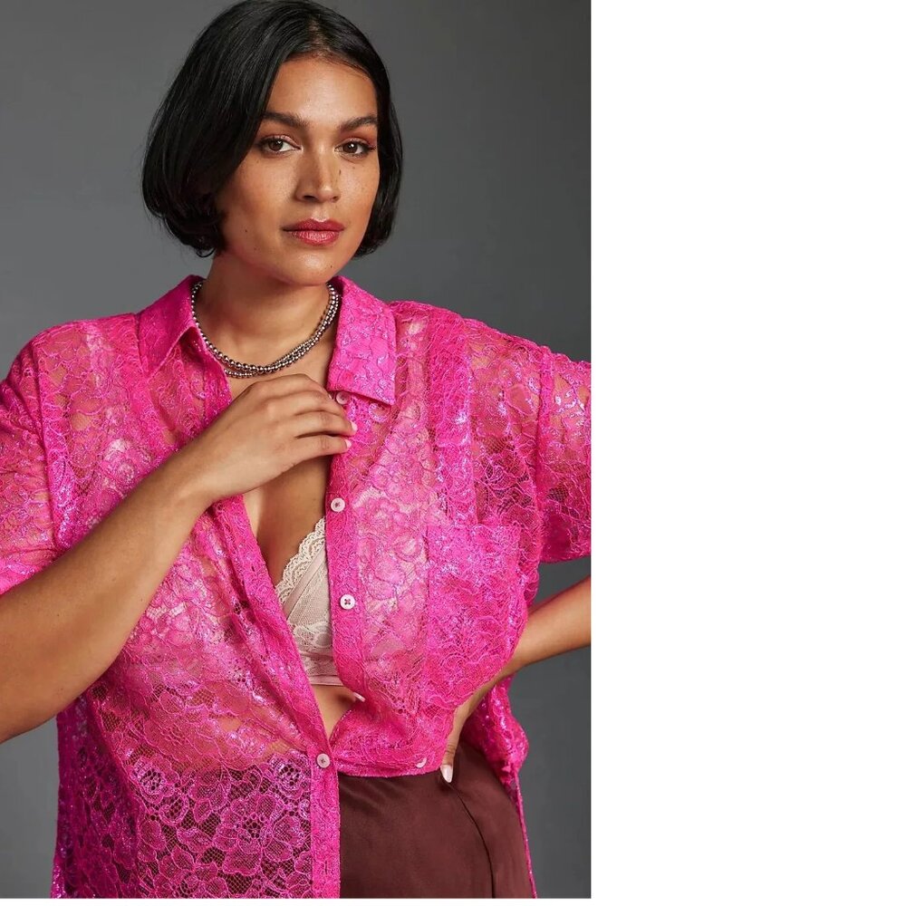 By Anthropologie Metallic Lace Buttondown Shirt pink size XSP PXS new nwt - Picture 9 of 9